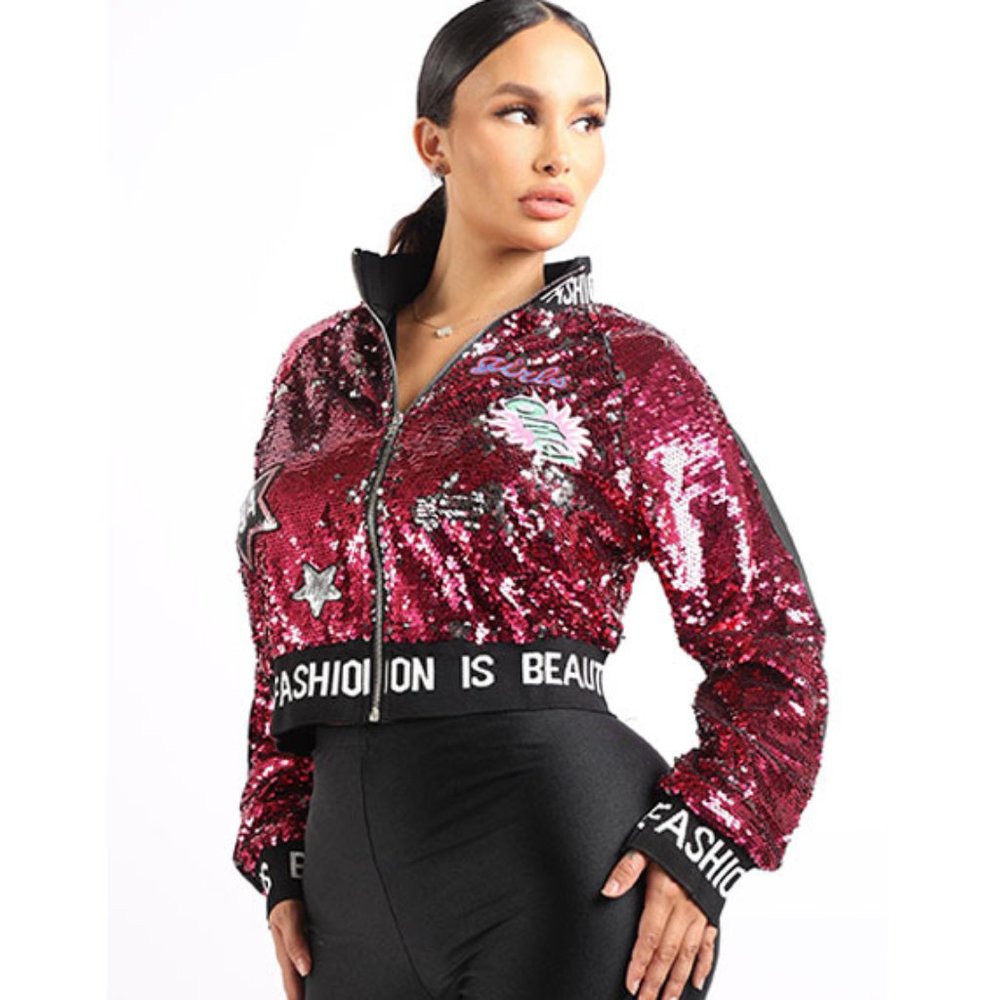 Sequin Cropped Embroidery Patches Varsity Bomber Jacket